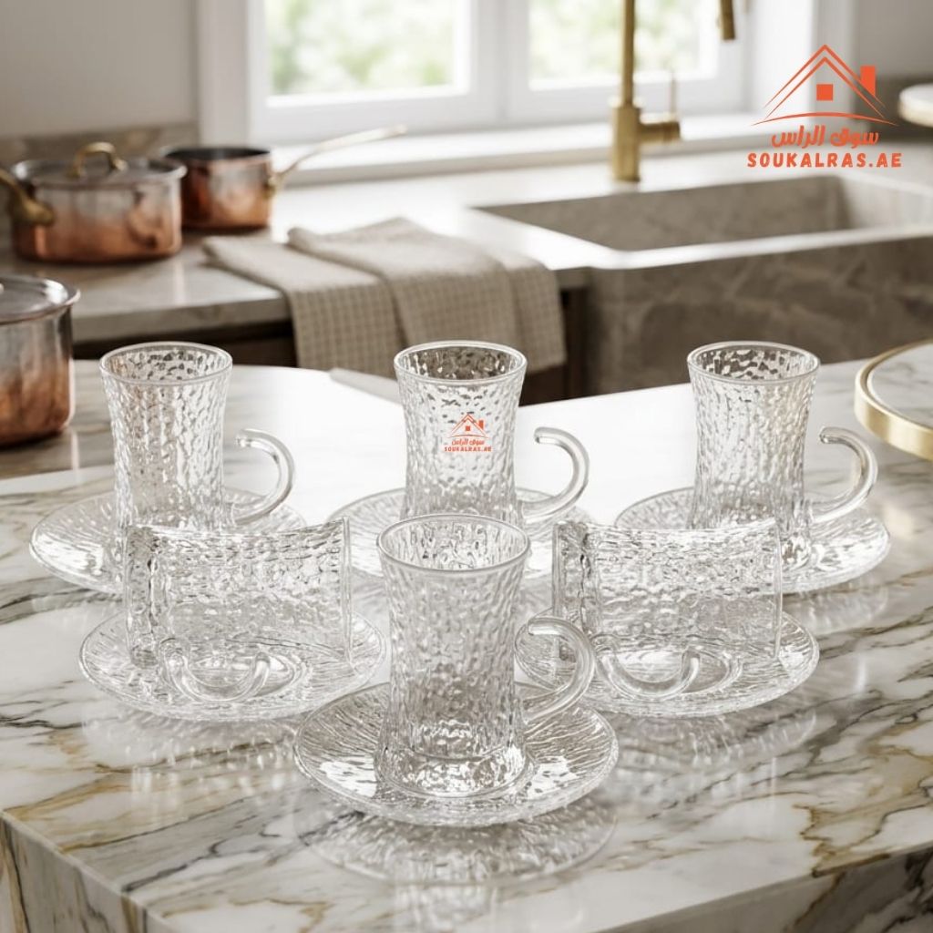 Elegant 12-piece clear glass tea cup set including 6 textured tea cups ...