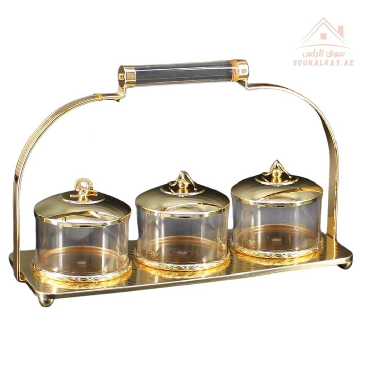Elegant 3 - Piece Serving Jars Set with Tray & Handle | Gold & Silver Variants | Premium Storage - Souk Al Ras