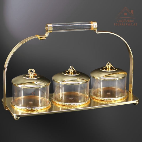 Elegant 3 - Piece Serving Jars Set with Tray & Handle | Gold & Silver Variants | Premium Storage - Souk Al Ras
