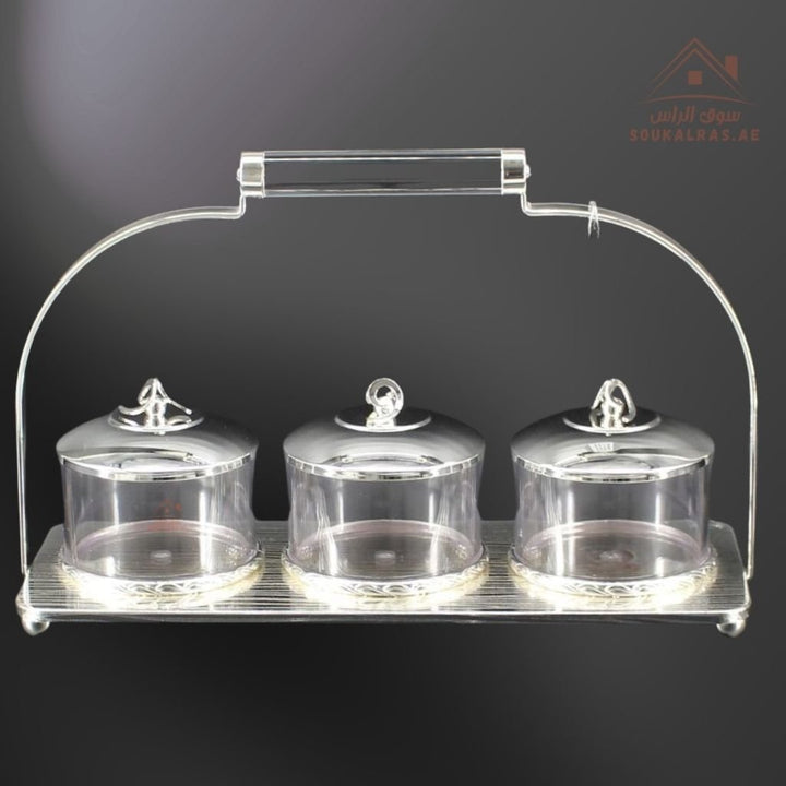 Elegant 3 - Piece Serving Jars Set with Tray & Handle | Gold & Silver Variants | Premium Storage - Souk Al Ras
