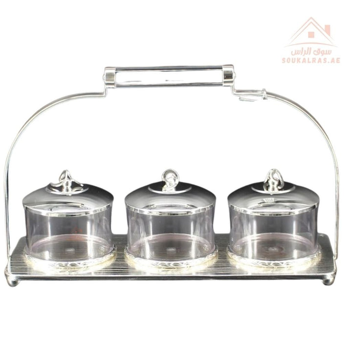 Elegant 3 - Piece Serving Jars Set with Tray & Handle | Gold & Silver Variants | Premium Storage - Souk Al Ras