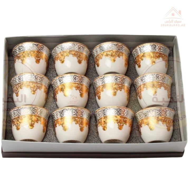 Elegant Arabic Coffee Cup Set – 12 Pieces | White with Silver - Gold Detailing | Classic Finjan Style with a Modern Touch - Souk Al Ras