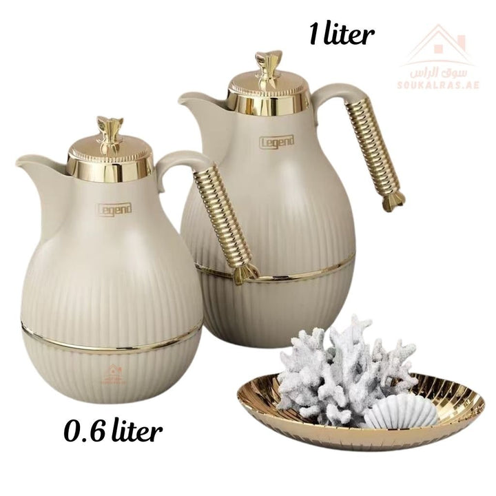 Elegant Legend Arabic Coffee Pot Set in 0.6L & 1.0L sizes, featuring Pink Glass interior for superior heat retention up to 12 hours. ESMA Certified with premium adorable colors - gold design – perfect for Arabic coffee & tea gatherings. - Souk Al Ras