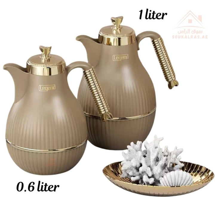 Elegant Legend Arabic Coffee Pot Set in 0.6L & 1.0L sizes, featuring Pink Glass interior for superior heat retention up to 12 hours. ESMA Certified with premium adorable colors - gold design – perfect for Arabic coffee & tea gatherings. - Souk Al Ras