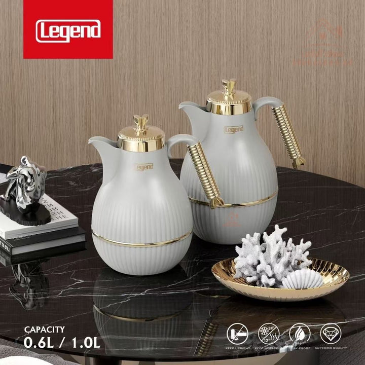 Elegant Legend Arabic Coffee Pot Set in 0.6L & 1.0L sizes, featuring Pink Glass interior for superior heat retention up to 12 hours. ESMA Certified with premium adorable colors - gold design – perfect for Arabic coffee & tea gatherings. - Souk Al Ras