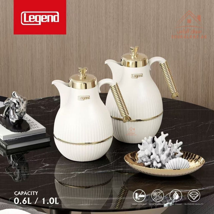 Elegant Legend Arabic Coffee Pot Set in 0.6L & 1.0L sizes, featuring Pink Glass interior for superior heat retention up to 12 hours. ESMA Certified with premium adorable colors - gold design – perfect for Arabic coffee & tea gatherings. - Souk Al Ras