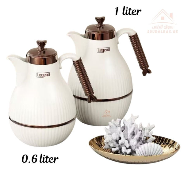 Elegant Legend Arabic Coffee Pot Set in 0.6L & 1.0L sizes, featuring Pink Glass interior for superior heat retention up to 12 hours. ESMA Certified with premium adorable colors - Brown design – perfect for Arabic coffee & tea gatherings. - Souk Al Ras