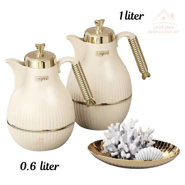 Elegant Legend Arabic Coffee Pot Set in 0.6L & 1.0L sizes, featuring Pink Glass interior for superior heat retention up to 12 hours. ESMA Certified with premium adorable colors - gold design – perfect for Arabic coffee & tea gatherings. - Souk Al Ras