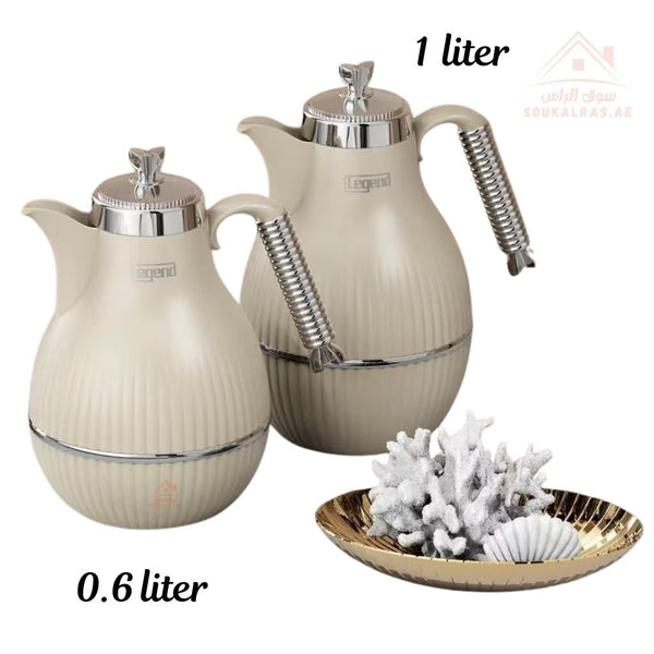 Elegant Legend Arabic Coffee Pot Set in 0.6L & 1.0L sizes, featuring Pink Glass interior for superior heat retention up to 12 hours. ESMA Certified with premium adorable colors - Silver design – perfect for Arabic coffee & tea gatherings. - Souk Al Ras