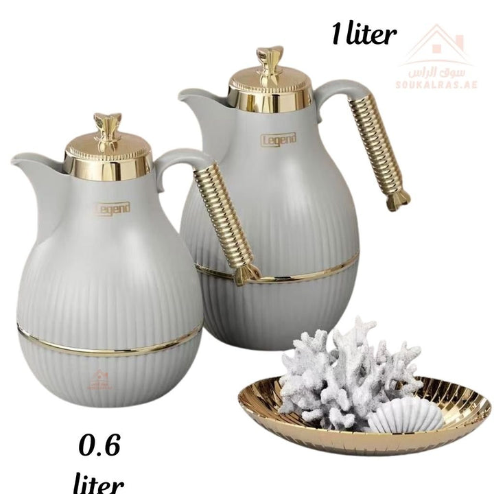 Elegant Legend Arabic Coffee Pot Set in 0.6L & 1.0L sizes, featuring Pink Glass interior for superior heat retention up to 12 hours. ESMA Certified with premium adorable colors - gold design – perfect for Arabic coffee & tea gatherings. - Souk Al Ras