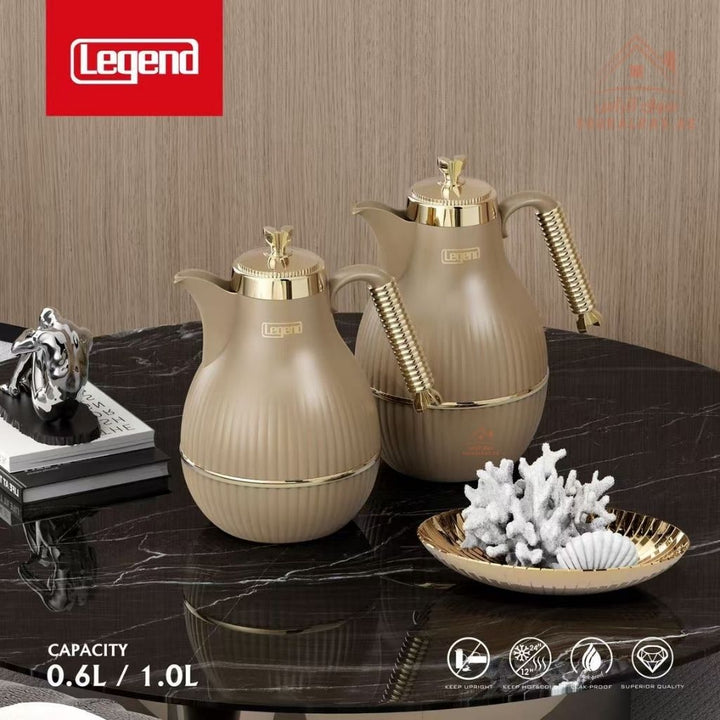 Elegant Legend Arabic Coffee Pot Set in 0.6L & 1.0L sizes, featuring Pink Glass interior for superior heat retention up to 12 hours. ESMA Certified with premium adorable colors - gold design – perfect for Arabic coffee & tea gatherings. - Souk Al Ras