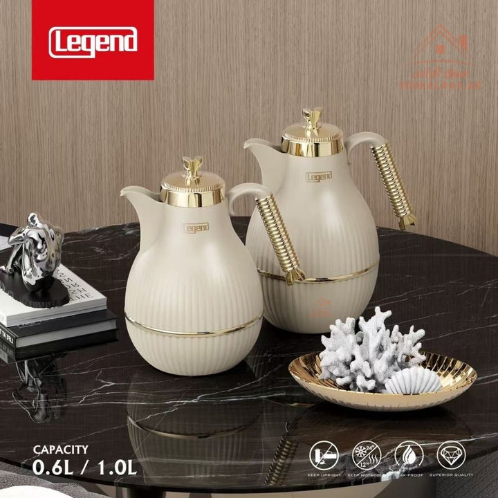 Elegant Legend Arabic Coffee Pot Set in 0.6L & 1.0L sizes, featuring Pink Glass interior for superior heat retention up to 12 hours. ESMA Certified with premium adorable colors - gold design – perfect for Arabic coffee & tea gatherings. - Souk Al Ras