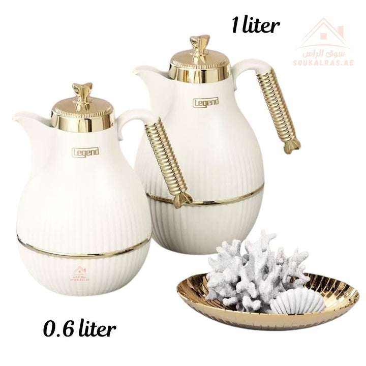 Elegant Legend Arabic Coffee Pot Set in 0.6L & 1.0L sizes, featuring Pink Glass interior for superior heat retention up to 12 hours. ESMA Certified with premium adorable colors - gold design – perfect for Arabic coffee & tea gatherings. - Souk Al Ras