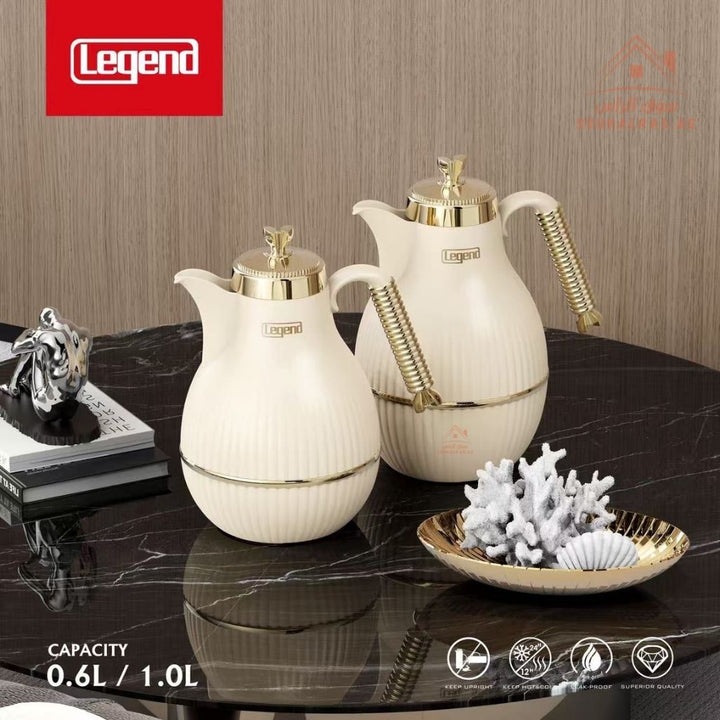 Elegant Legend Arabic Coffee Pot Set in 0.6L & 1.0L sizes, featuring Pink Glass interior for superior heat retention up to 12 hours. ESMA Certified with premium adorable colors - gold design – perfect for Arabic coffee & tea gatherings. - Souk Al Ras