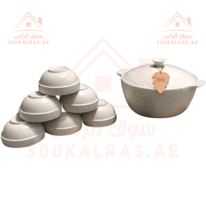 Elegant Porcelain Soup Bowl Set | Large Casserole with Lid & 6 Bowls | perfect for serving soups, stews, and family meals. - Souk Al Ras