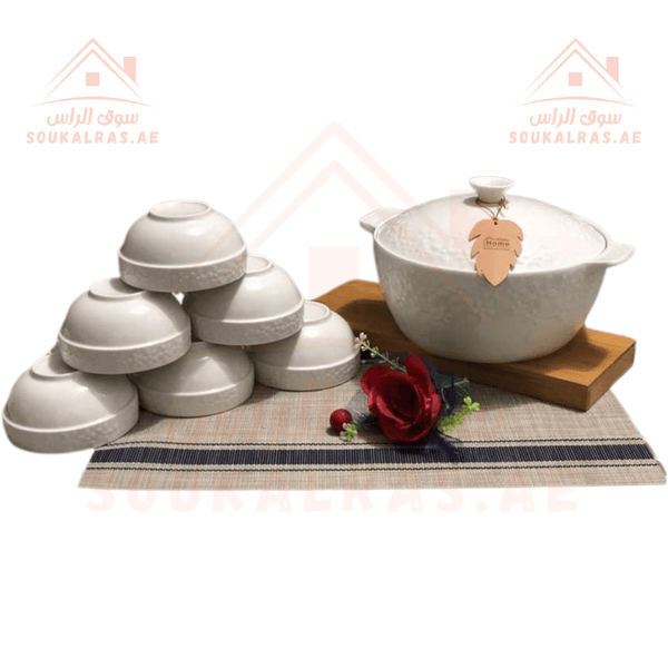 Elegant Porcelain Soup Bowl Set | Large Casserole with Lid & 6 Bowls | perfect for serving soups, stews, and family meals. - Souk Al Ras