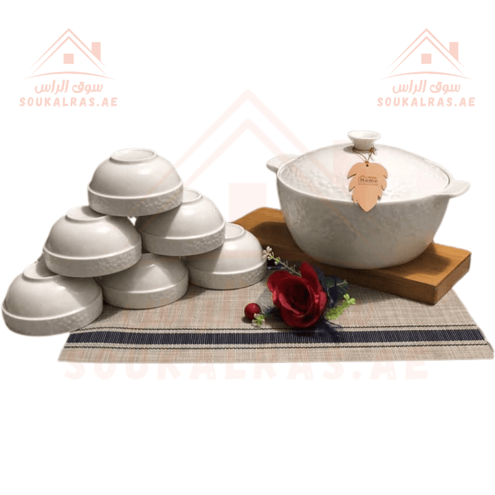 Elegant Porcelain Soup Bowl Set | Large Casserole with Lid & 6 Bowls | perfect for serving soups, stews, and family meals. - Souk Al Ras