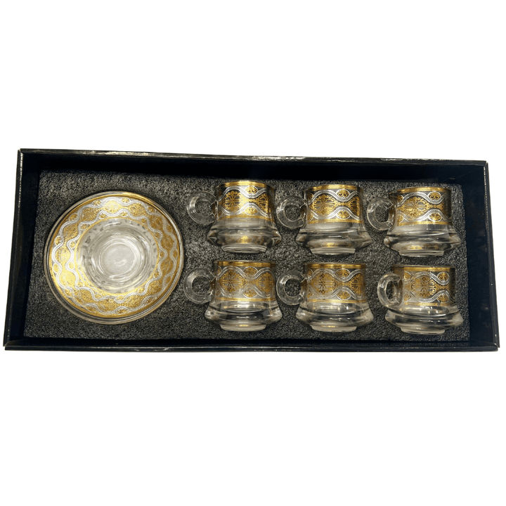 Elegant Set of 6 Heavy Turkish Coffee Cups with Saucers - Glass, Packaged in Luxury Gift Box - Souk Al Ras