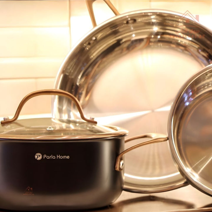 Evanda Series 8 - Piece 3 - Ply Stainless Steel Cookware Set | 18/20/24 cm Casseroles, 16 cm Saucepan, 24 cm Frypan | Premium Triple - Layer Construction - Souk Al Ras