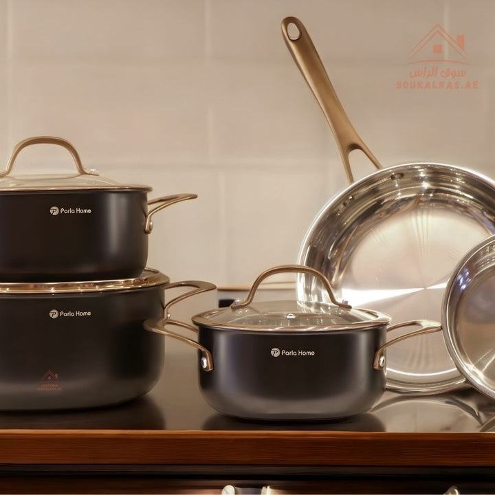 Evanda Series 8 - Piece 3 - Ply Stainless Steel Cookware Set | 18/20/24 cm Casseroles, 16 cm Saucepan, 24 cm Frypan | Premium Triple - Layer Construction - Souk Al Ras