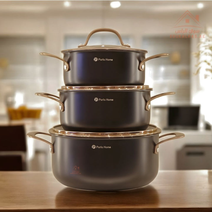 Evanda Series 8 - Piece 3 - Ply Stainless Steel Cookware Set | 18/20/24 cm Casseroles, 16 cm Saucepan, 24 cm Frypan | Premium Triple - Layer Construction - Souk Al Ras