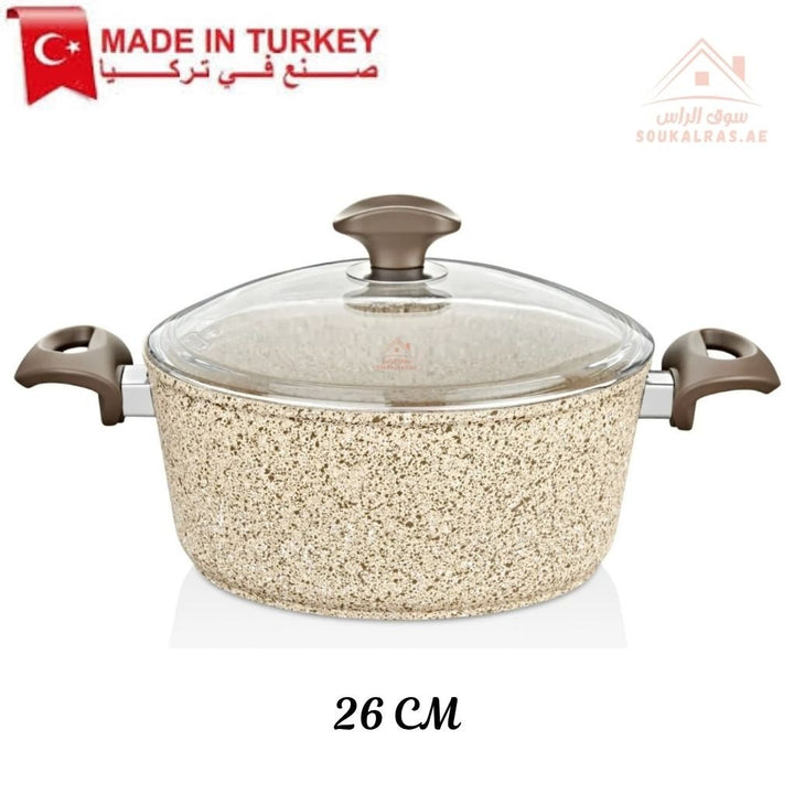 Falez Creamy Granite Non - Stick Cooking Pot with Glass Lid | Heat Resistant & Durable |Made in Turkey - Souk Al Ras