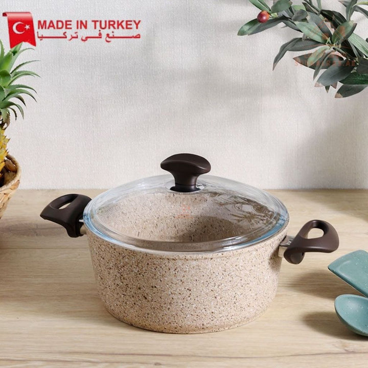 Falez Creamy Granite Non - Stick Cooking Pot with Glass Lid | Heat Resistant & Durable |Made in Turkey - Souk Al Ras