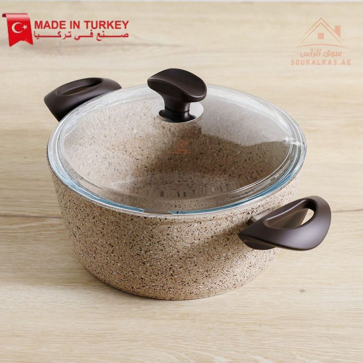 Falez Creamy Granite Non - Stick Cooking Pot with Glass Lid | Heat Resistant & Durable |Made in Turkey - Souk Al Ras