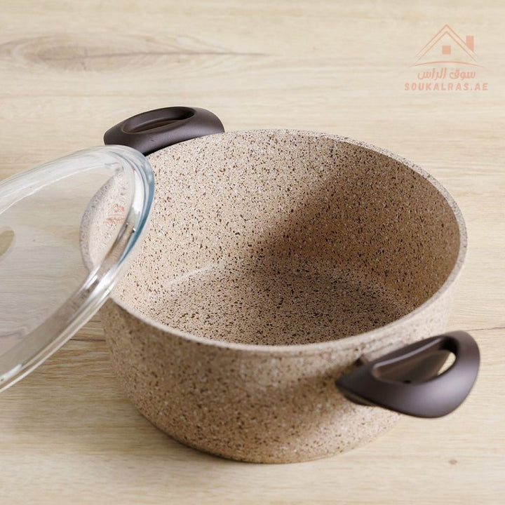 Falez Creamy Granite Non - Stick Cooking Pot with Glass Lid | Heat Resistant & Durable |Made in Turkey - Souk Al Ras