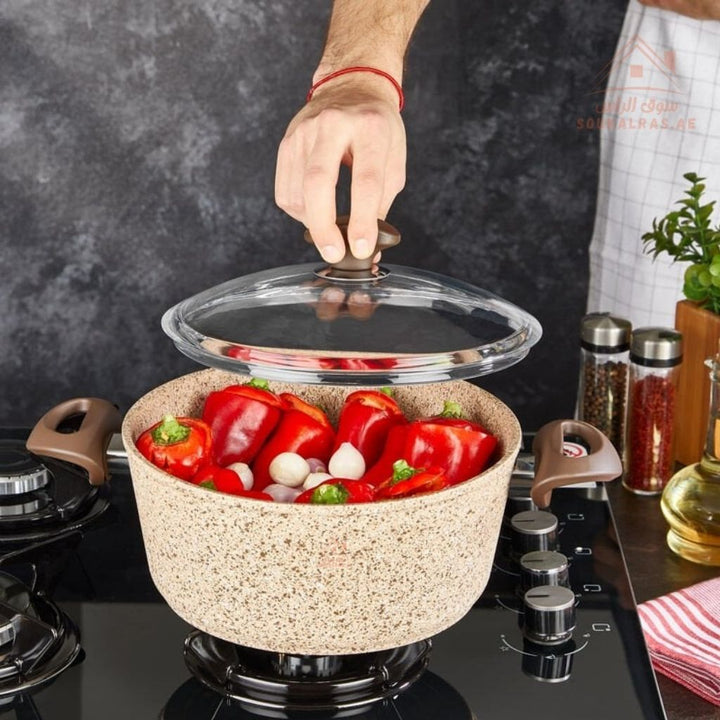 Falez Creamy Granite Non - Stick Cooking Pot with Glass Lid | Heat Resistant & Durable |Made in Turkey - Souk Al Ras
