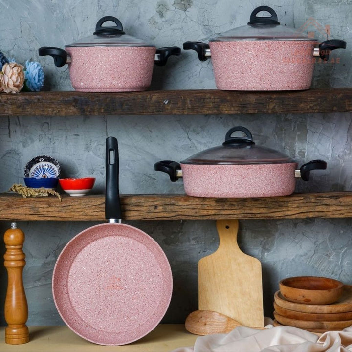 Falez Pink Granite Cookware Set | 9 - Piece Non - Stick Casserole & Frypan | Made in Turkey - Souk Al Ras