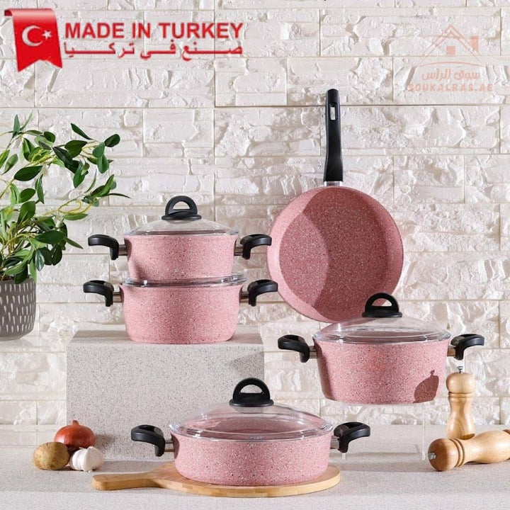 Falez Pink Granite Cookware Set | 9 - Piece Non - Stick Casserole & Frypan | Made in Turkey - Souk Al Ras