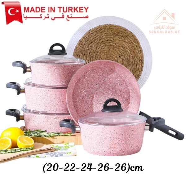 Falez Pink Granite Cookware Set | 9 - Piece Non - Stick Casserole & Frypan | Made in Turkey - Souk Al Ras
