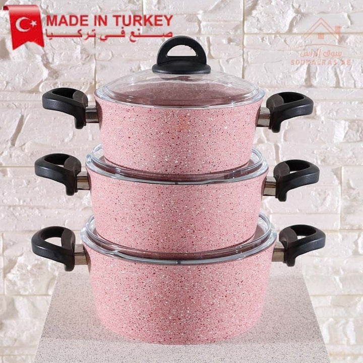 Falez Pink Granite Cookware Set | 9 - Piece Non - Stick Casserole & Frypan | Made in Turkey - Souk Al Ras
