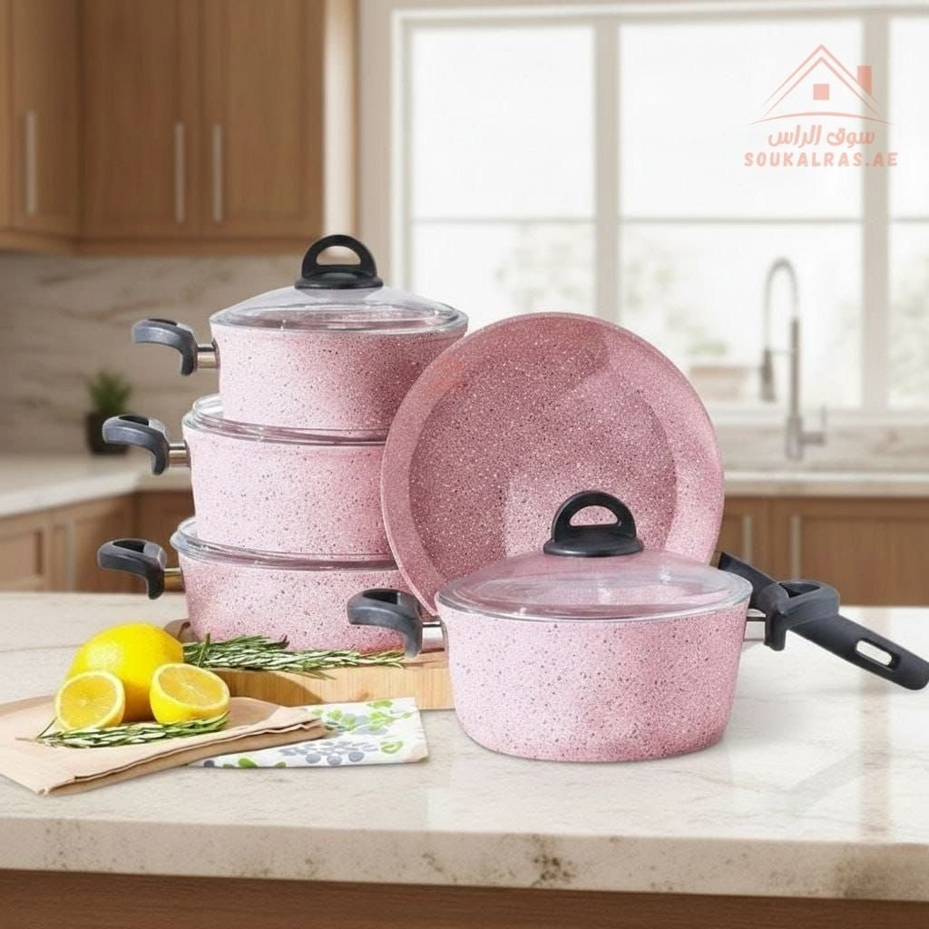 Falez Pink Granite Cookware Set | 9-Piece Non-Stick Casserole