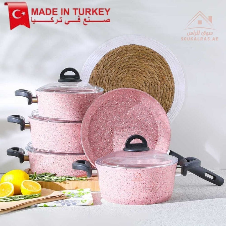 Falez Pink Granite Cookware Set | 9 - Piece Non - Stick Casserole & Frypan | Made in Turkey - Souk Al Ras