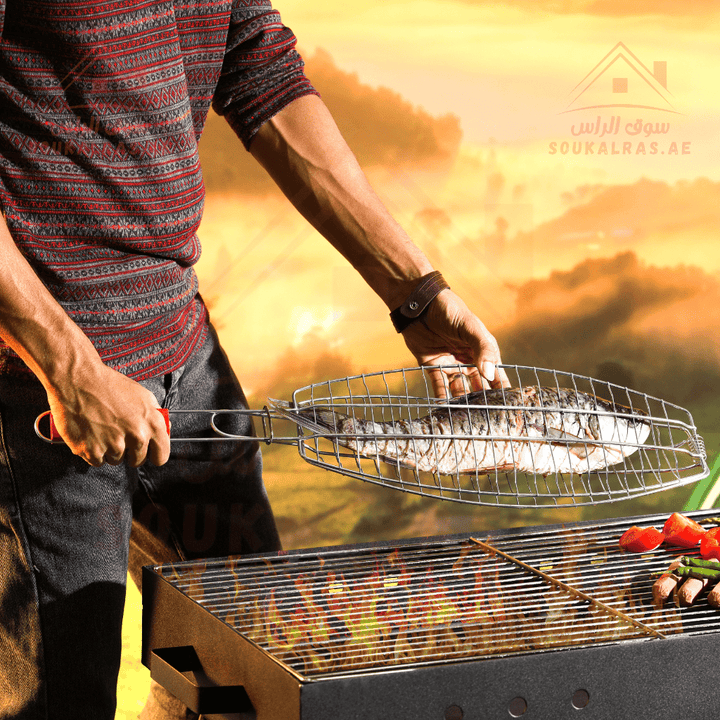 Fish Barbecue Grill with Wooden Handle - Durable Iron BBQ Basket - Souk Al RasBBQ Grills