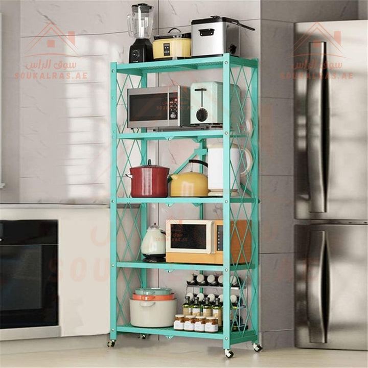 Foldable 5 - Tier Kitchen Storage Rack with Wheels | Heavy - Duty Metal Shelf Organizer - Souk Al Ras