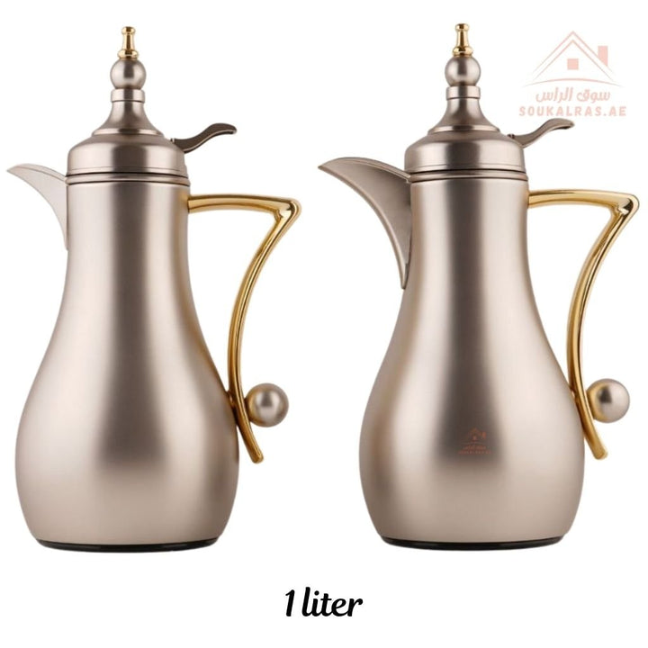 Fursan 2 - Piece Metal Vacuum Flask Set (1L + 1L) | Elegant Gold Design | 12 Hours Heat Retention | ESMA Certified - Souk Al Ras