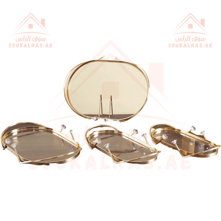 Fursan Luxury Gold Oval Serving Tray | Elegant Crystal - Embellished Design | perfect for serving desserts, tea, coffee, and snacks - Souk Al Ras