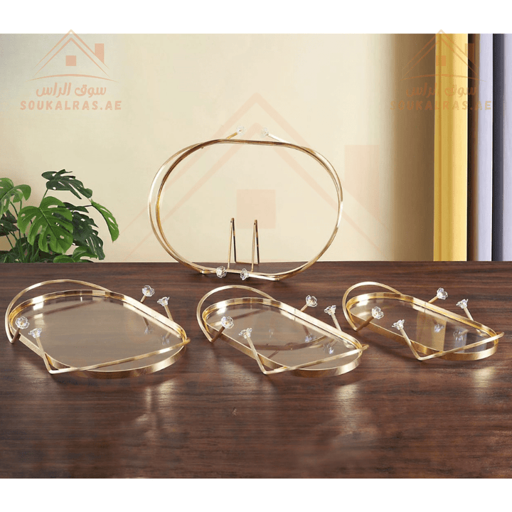 Fursan Luxury Gold Oval Serving Tray | Elegant Crystal - Embellished Design | perfect for serving desserts, tea, coffee, and snacks - Souk Al Ras