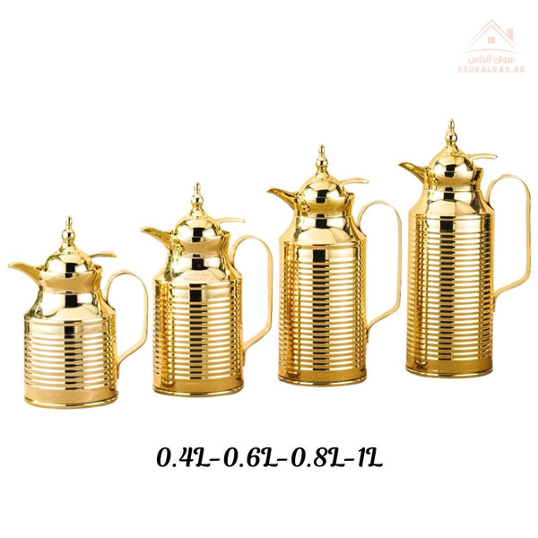 Fursan Premium Metal Vacuum Flask Collection | 0.4L, 0.6L, 0.8L, 1.0L Arabic Coffee Thermos with Inner Glass Liner | Elegant White - Gold, Silver - Gold, Matt Gold & Full Gold Designs | Long Heat Retention | Ideal for Majlis, Ramadan & Gifting - Souk Al Ras