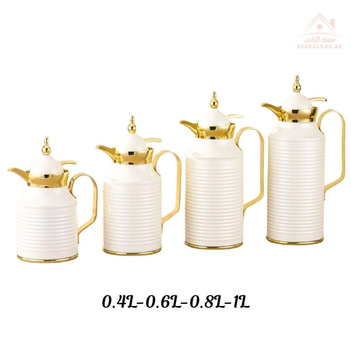 Fursan Premium Metal Vacuum Flask Collection | 0.4L, 0.6L, 0.8L, 1.0L Arabic Coffee Thermos with Inner Glass Liner | Elegant White - Gold, Silver - Gold, Matt Gold & Full Gold Designs | Long Heat Retention | Ideal for Majlis, Ramadan & Gifting - Souk Al Ras