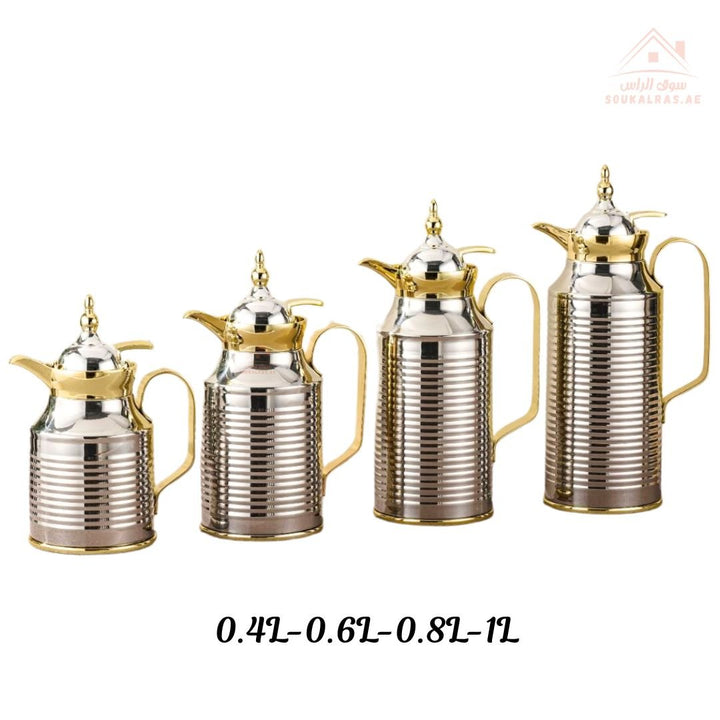 Fursan Premium Metal Vacuum Flask Collection | 0.4L, 0.6L, 0.8L, 1.0L Arabic Coffee Thermos with Inner Glass Liner | Elegant White - Gold, Silver - Gold, Matt Gold & Full Gold Designs | Long Heat Retention | Ideal for Majlis, Ramadan & Gifting - Souk Al Ras