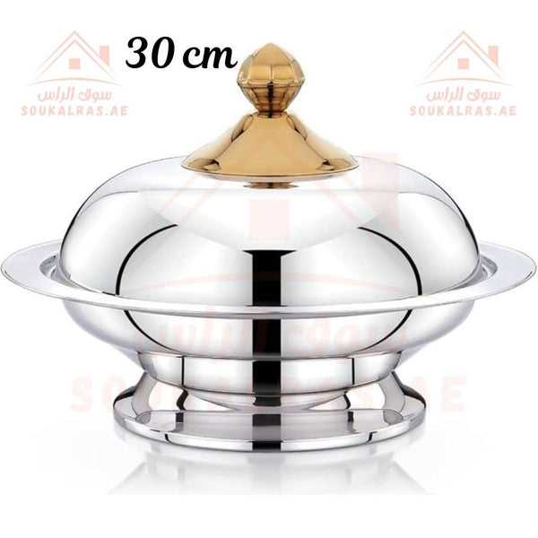 Glanza Round Kozi Dish with Stand 30CM Premium Stainless Steel Construction Golden Knob Lid| Elegant Food Warmer - Souk Al Ras