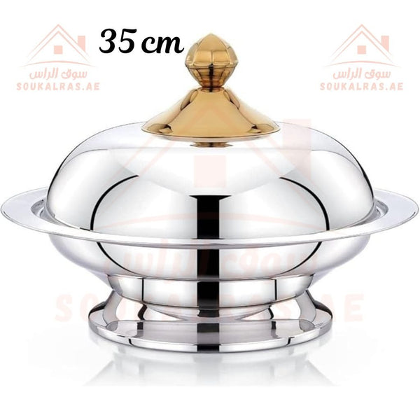 Glanza Round Kozi Dish with Stand 35 CM Premium Stainless Steel Construction Golden Knob Lid| Elegant Food Warmer. - Souk Al Ras