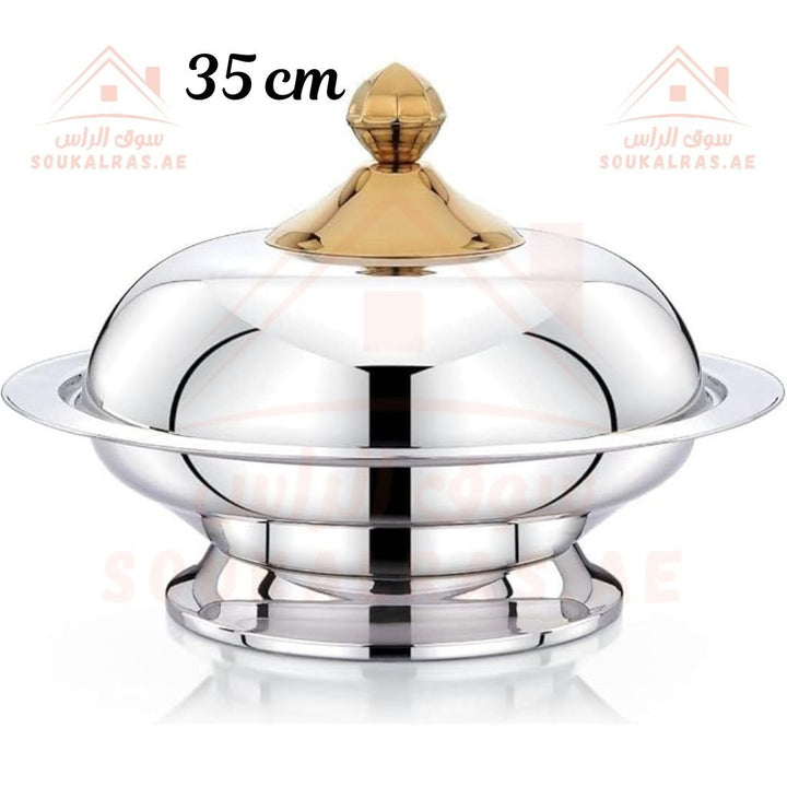 Glanza Round Kozi Dish with Stand 35 CM Premium Stainless Steel Construction Golden Knob Lid| Elegant Food Warmer. - Souk Al Ras