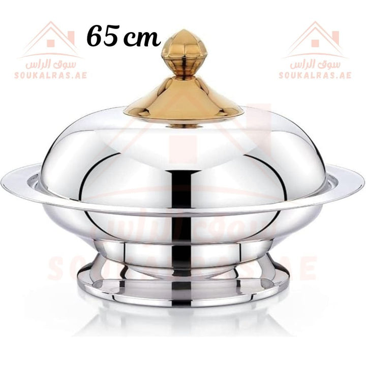 Glanza Round Kozi Dish with Stand 65 CM Premium Stainless Steel Construction Golden Knob Lid| Elegant Food Warmer. - Souk Al Ras