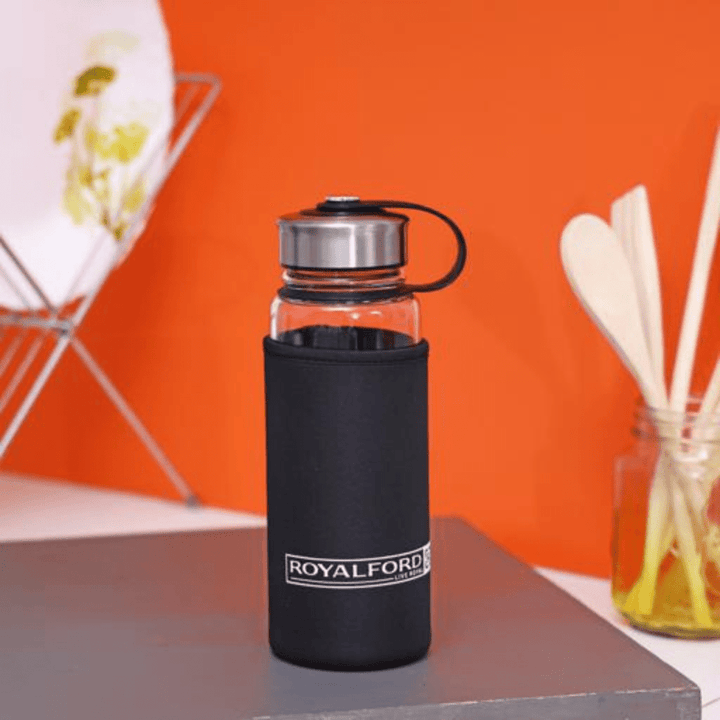 Glass Water Bottle with Neoprene Bag - Portable Steel Cap - Lead - Free 500ml - Souk Al RasVacuum Flasks and Thermos