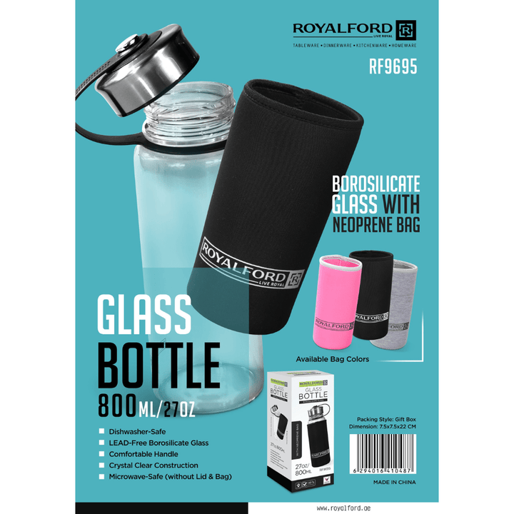 Glass Water Bottle with Neoprene Bag - Portable Steel Cap - Lead - Free 500ml - Souk Al RasVacuum Flasks and Thermos